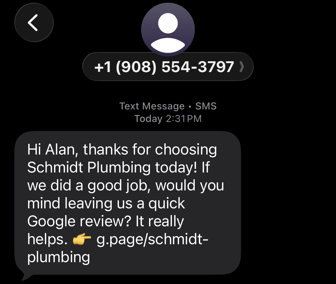 Real screenshot of an automatic review-request text message sent by the Round Valley Digital system